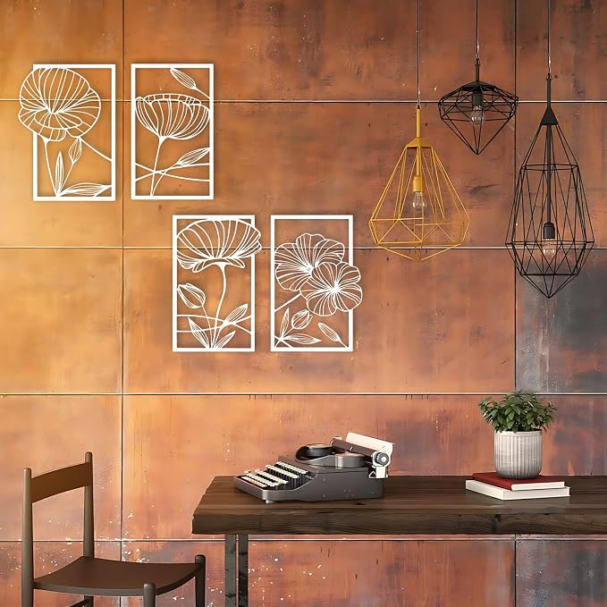 ESTART 4Pcs Metal Lotus Wall Decor Abstract Floral Line Art Sculpture | Minimalist Wall Decor for Bedroom Flowers Hanging Wall Sculpture for Living Room Kitchen Office and Yoga Room (White) - Image 8