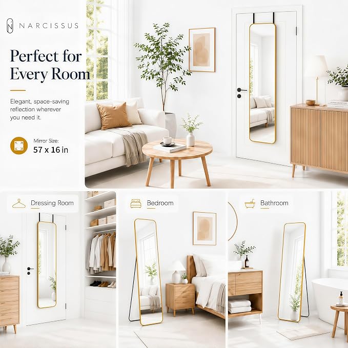 NARCISSUS Full Length Mirror 57x16 Inch, Over The Door Mirror with Stand, Wall Mounted or Freestanding/Door Hanging Full Body, Aluminum Alloy Frame, Gold - Image 4