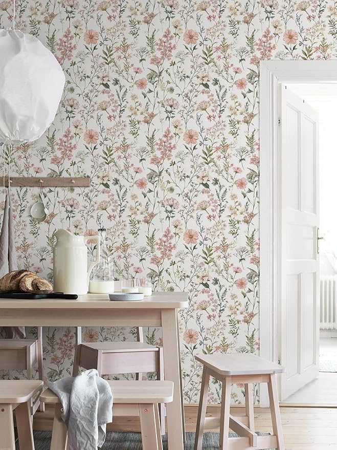 Orainege Pink Floral Peel and Stick Wallpaper Self Adhesive Wallpaper | 17.3inx393.7in Modern Wallpapers for Bedroom Bathroom Green Leaf Contact Paper for Cabinets Removable - Image 7