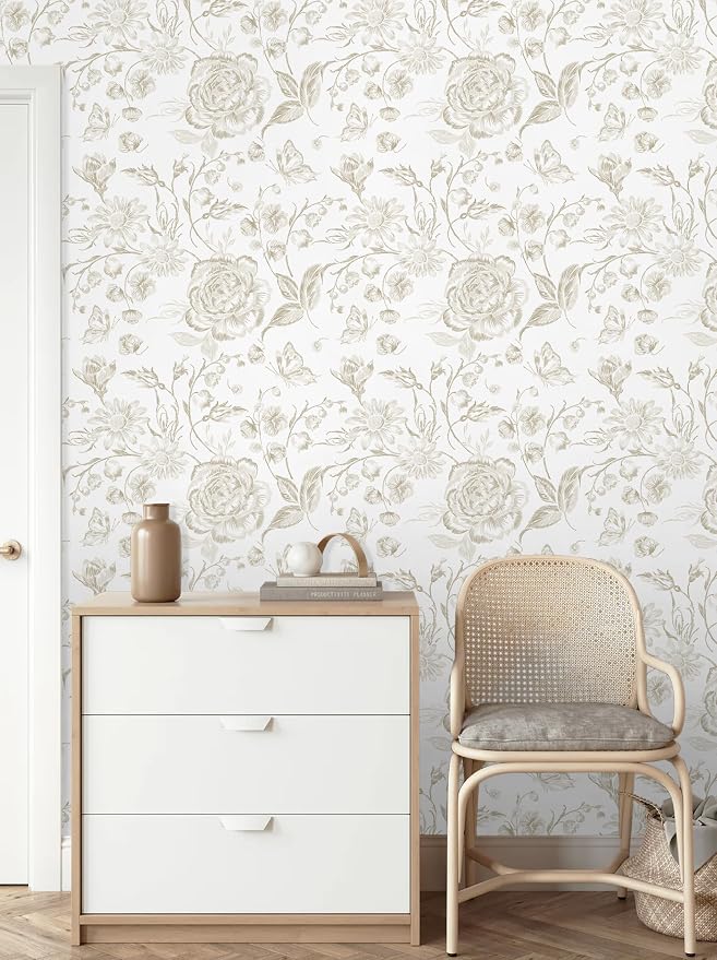 Floral Peel and Stick Wallpaper Boho Beige Contact Paper Neutral Farmhouse Vintage Wall Paper Removable Self Adhesive Wallpaper Bedroom Cabinet Bathroom Waterproof Vinyl Roll 17.3" x 197" - Image 4