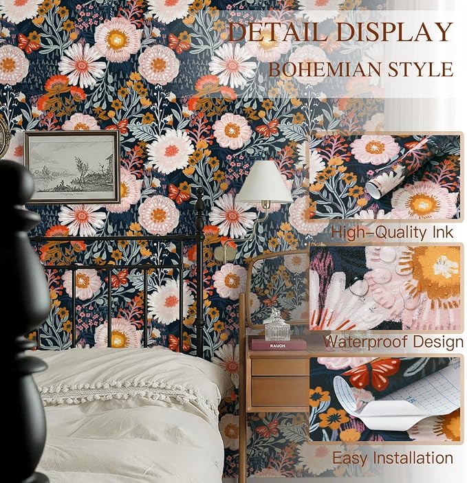 Dimoon Boho Wallpaper Peel and Stick Wallpaper Floral Retro Contact Paper 17.3''x362'' Dark Blue Vintage Bohemian Removable Wall Paper Renter Friendly Waterproof Wall Mural for Bedroom Bathroom Vinyl - Image 3