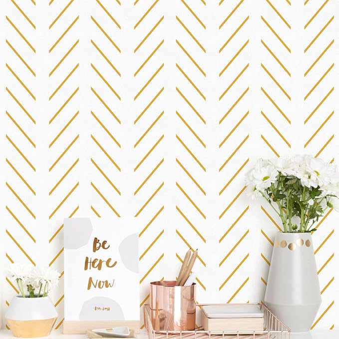 Orainege Peel and Stick Wallpaper Yellow and White Contact Paper | 17.7 in x393.7 in Herringbone Geometric Wall Paper Peel and Stick Modern Lines Decorative Self Adhesive Wallpaper for Bedroom by Orainege