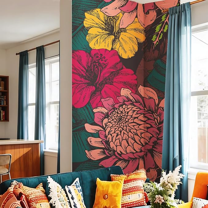 Floral Peel and Stick Wall Mural, Leather Textured Vintage Self-Adhesive Wallpaper for Accent Wall Art Decor, Vintage Flat Floral, Bright, 46.3'' x 98.03'' by Flortlias