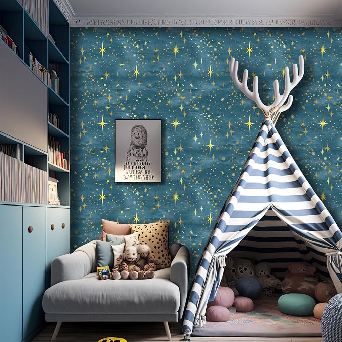 Navy Peel and Stick Wallpaper Gold Star Self Adhesive Contact Paper Sticker | Removable vinyl film, golden star wall stickers, retro starburst ceiling decor, art murals, for cabinets bedroom living room - Image 3