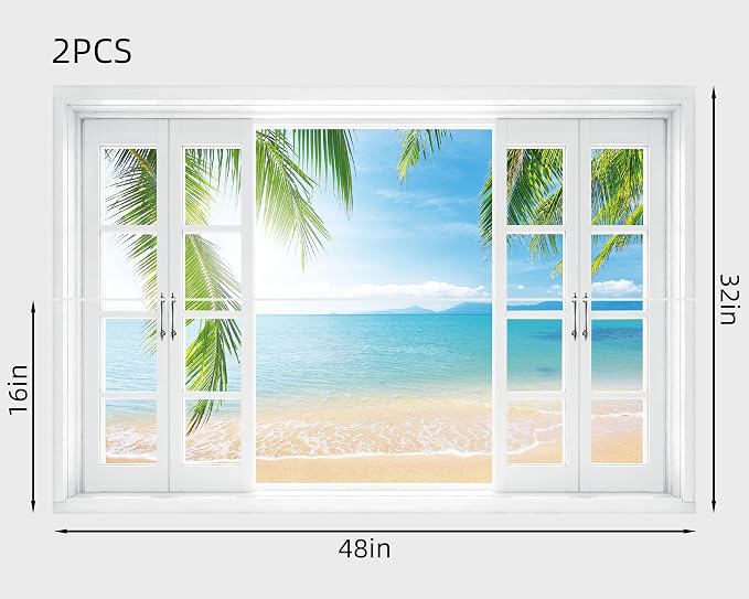 FLFK Fake Window Wall Mural - Tropical Ocean View Peel and Stick Decal, 48 x 32 inches, Set of 2 Sheets - Image 2