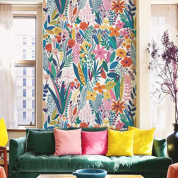 Colorful Floral Peel and Stick Wall Mural for Accent Wall | Urban Funky Wallpaper, Bright Colors, Removable Leather Textured & Water-Resistant, Bedroom Kids Room, 46"x98" by Flortlias