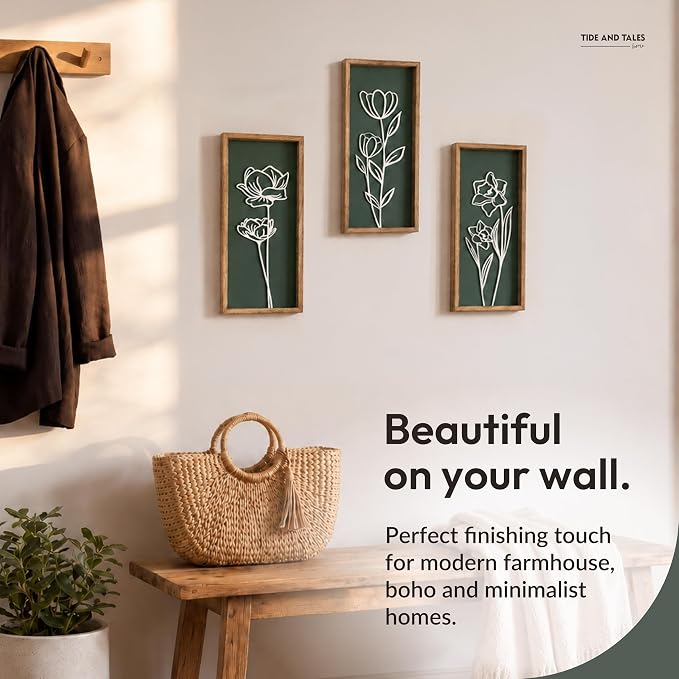 Tide and Tales 3d Green Wall Art, Wooden Botanical Wall Decor, Set of 3 | 7" x 16", Lightweight, Framed Ready-to-Hang, Bathroom Wall Decor, Bedroom, Living Room, Office, Farmhouse, Gift-Boxed - Image 8