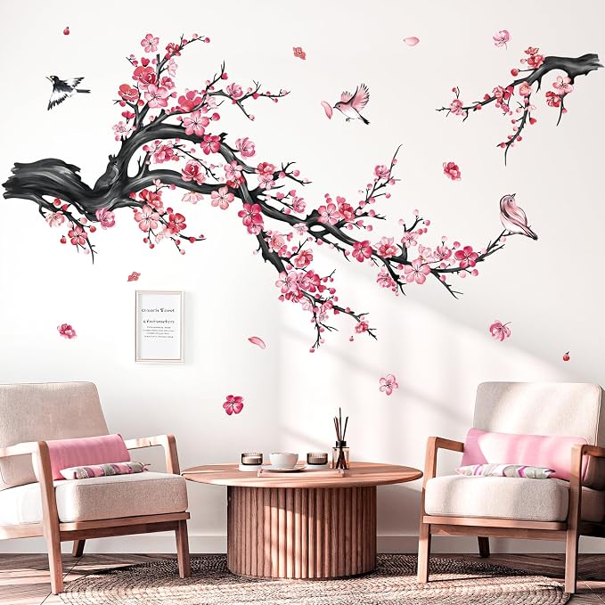 decalmile Pink Flower Branch Blossom Floral Tree Wall Decals Stickers - Image 2