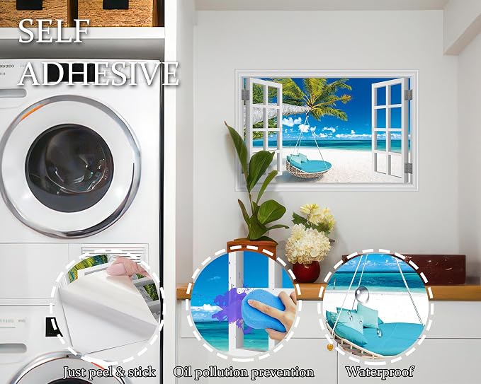 FLFK Fake Window Wall Decal, Tropical Beach Paradise with Turquoise Ocean, White Frame, Peel and Stick, 24 x 16 Inches,for Living Rooms, bedrooms, and Offices - Image 7
