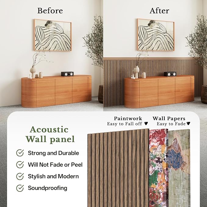 MISSDAY Wood Slat Acoustic Wall Panels, 4 Packs 47.2" x 23.6" Walnut Soundproof Panel For Interior Wall Decor Noise Absorbing-3D Textured Wooden Panel Sound-Absorbing for Home, Office, Studio - Image 3