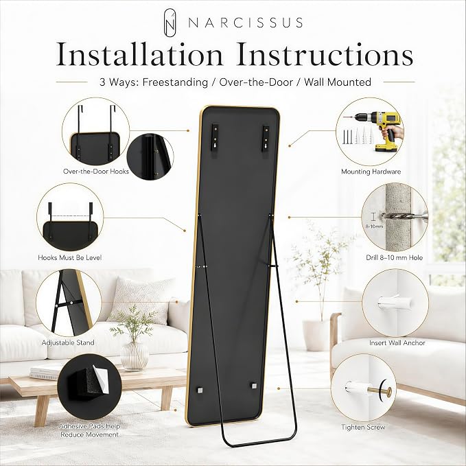 NARCISSUS Full Length Mirror 57x16 Inch, Over The Door Mirror with Stand, Wall Mounted or Freestanding/Door Hanging Full Body, Aluminum Alloy Frame, Gold - Image 7