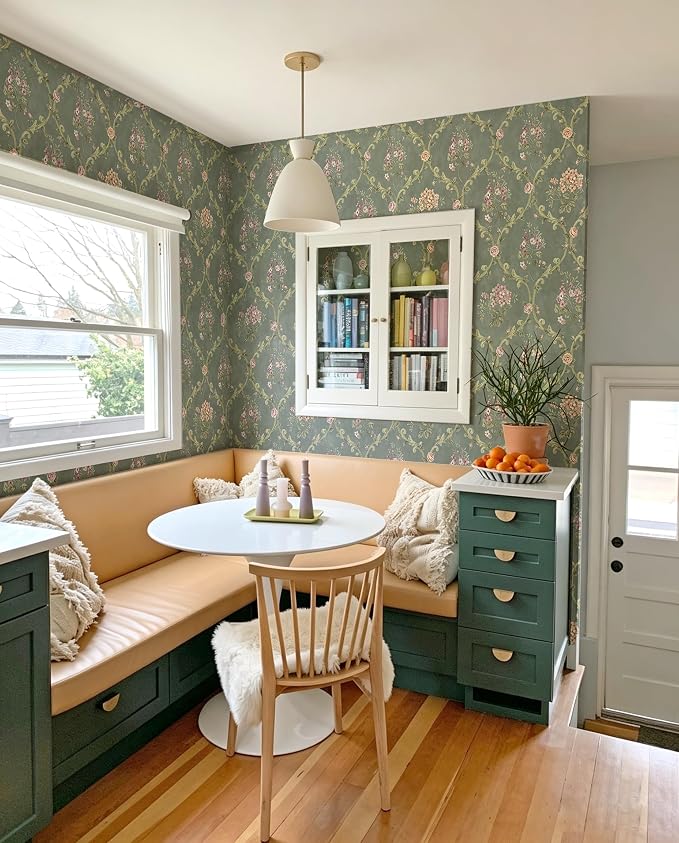 Dark Green Peel and Stick Wallpaper Floral Wallpaper 16.9in×118in | Self Adhesive Vintage Floral Wallpaper Removable Boho Contact Paper Green Wallpaper Waterproof for Bedroom Nursery Cabinets - Image 8