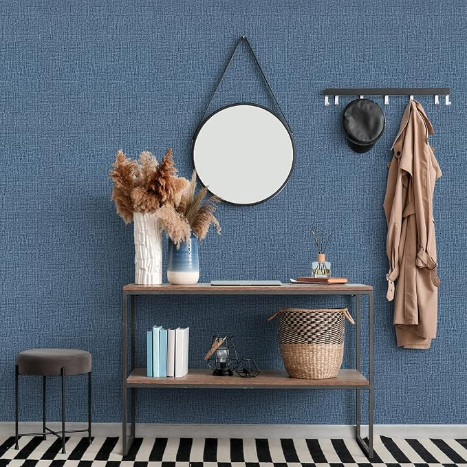 Blue Wallpaper Grasscloth Peel and Stick Wallpaper 17.7inch x 196.8inch Textured Wall Paper Stick and Peel Blue Contact Paper Grasscloth Faux Linen Removable Navy Waterproof Self Adhesive Vinyl | Faux Linen Vintage Wallpaper Textured Removable Wall Pap... - Image 2