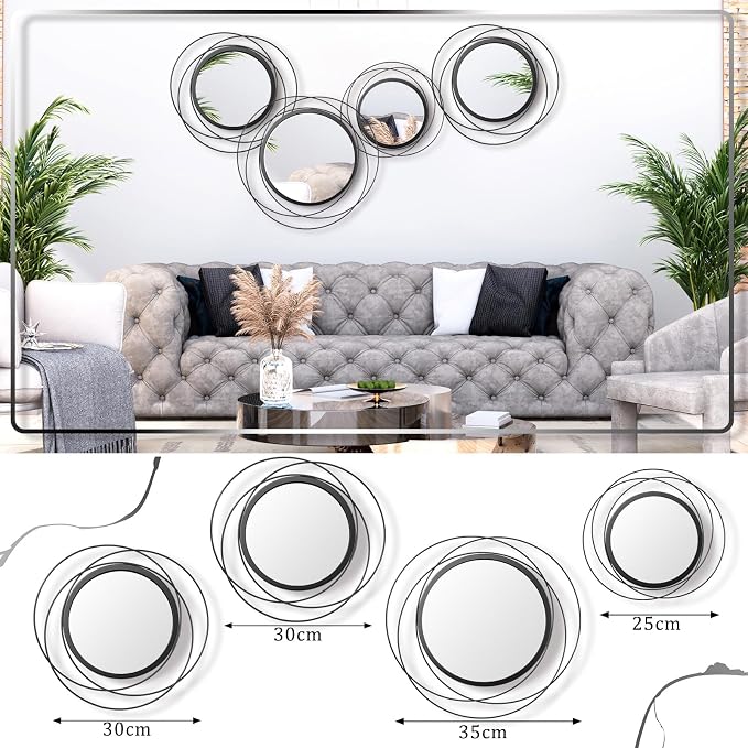 Hicarer 4 Pcs Decorative Round Modern Circle Mirror Wall Art Ring Metal Mirror Wall Mounted for Bedroom, Living Room, Entryway, Dining Room, Hallway (Black) - Image 3