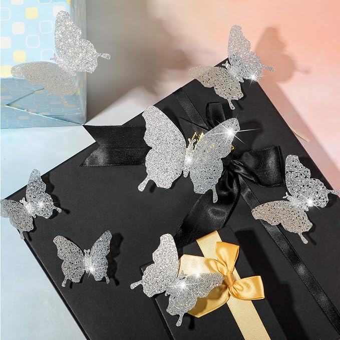 BBTO 48 Pcs 3D Butterfly Mirror Wall Decor,Glitter Silver | Butterfly Stickers,3 Sizes,for Birthday Party Cake,Room Nursery Bathroom Wall Decor,Removable Peel Stick,Reflective - Image 5