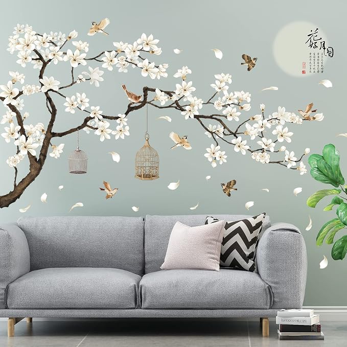 LiveGallery White Peach Blossm Flowers Wall Decals Removable DIY Tree Branches Birds Saying Art Decor Wall Stickers Murals for Living Room TV Background Kids Girls Rooms Bedroom 8 Sheets of 12"x18" - Image 2