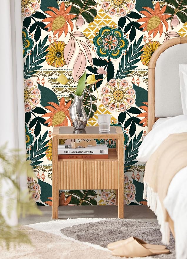 HAOKHOME Tropical Wallpaper Peel and Stick Wallpaper Boho 17.3in x 32.8ft | Floral Botanical Leaf Textured Removable Waterproof Renter Friendly Wall Paper Cream Pink Green Bathroom Bedroom ContactPaper - Image 2