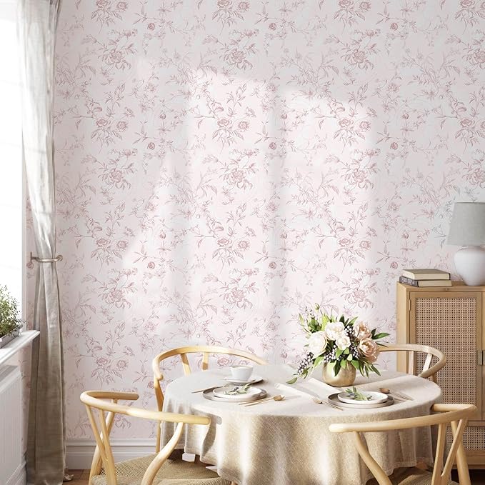 Ismoon Floral Peel and Stick Wallpaper Pink Stick on Wall Paper Vintage French Contact Paper for Cabinet Textured Removable Self Adhesive Wallpaper Vinyl Roll Shelf Deco, 17.3x196in - Image 3