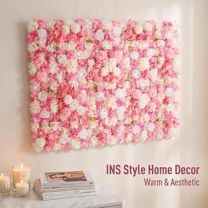Artificial Flower Wall, 12 Panels, 16.5x16.5, Pink White Rose | 3D design, realistic look, Seamless Design,eco-friendly,easy to assemble,reusable,.Suitable for weddings,Party,Backdrop Decor - Image 9