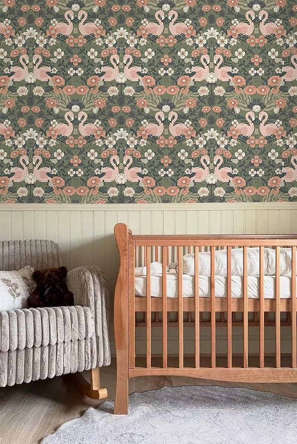 Heroad Green Peel and Stick Wallpaper Vintage Floral Flamingo Contact Paper William Morris Wall Paper Removable Renter Friendly Wallpaper for Bedroom Nursery Farmhouse Vinyl Rolls 17.3''X 78.7'' - Image 3