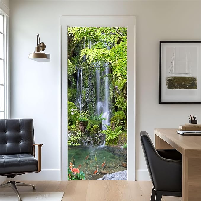 artfanke 3D Door Sticker Peel and Stick 30.3"x78.7"-Self-Adhesive Door Murals Wallpaper-Green Forest Waterfall Wall Poster Decal for Home Decor (2 Sheets/Set) by artfanke
