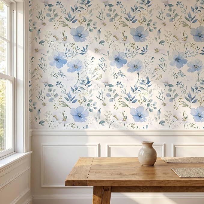 Light Blue Floral Peel and Stick Wallpaper, 17.7in x 118in | Self-adhesive and removable watercolor flower design for bedroom, living room, and accent wall - Image 3