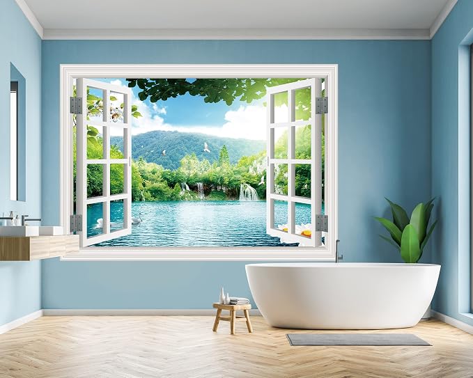 FLFK Fake Window Wall Sticker - Landscape Faux Window Wall Mural for Wall Decor, Stick and Peel Wall Decals,80"x60",Set of 5 Sheets - Image 2