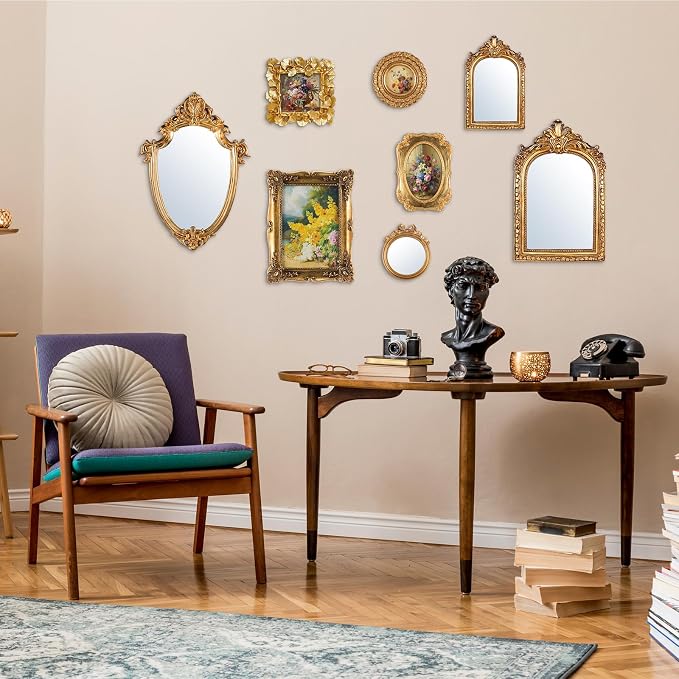 Novabright 8 Pcs Vintage Gold Picture Frame Wall Mirror Decor Set for Gallery, Small Antique Gold Mirror Luxury Ornate Pohot Frames for Wall Table Display(Elegant) - Image 5