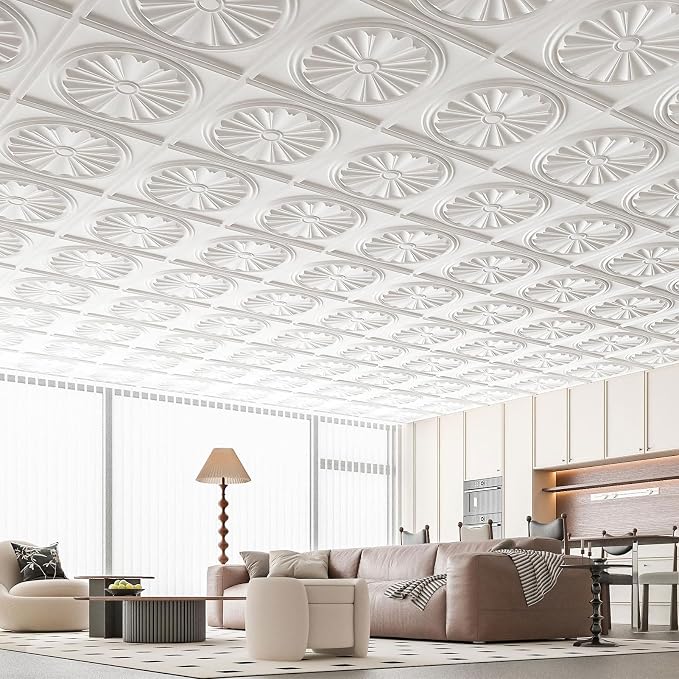 Art3dwallpanels Ceiling Tiles 12 Pack, 24 x 24 Inch, White | Drop Ceiling Tiles, High Grade PVC, 3D Wall Panels for Interior Wall Decor, Fire Rated, Waterproof, Light Weight - Image 6