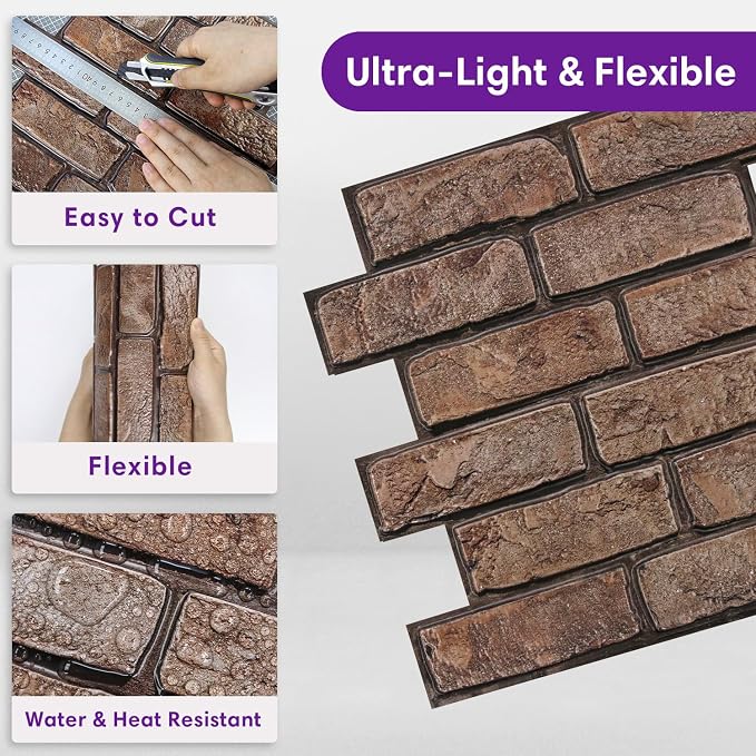 3D Faux Brick Wall Panels Peel and Stick, Designed for Quick DIY | Brown, 10 Pcs 11.8" x 11.8", Small Brick-Look, Ultra-Light PVC Fake Brick Wall Covering for Wall Renovation, Cover 9.7 sq ft - Image 7