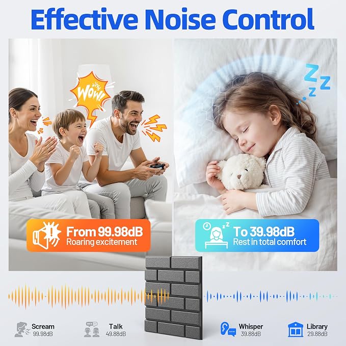 Self-Adhesive Acoustic Panels High Density Sound Proof Foam Panels for Wall | 16 Pack Brick Soundproof Wall Panels, 12" x 12" x 0.4" Sound Dampening Absorbing Panels for Home Studio Decor Office - Black - Image 2
