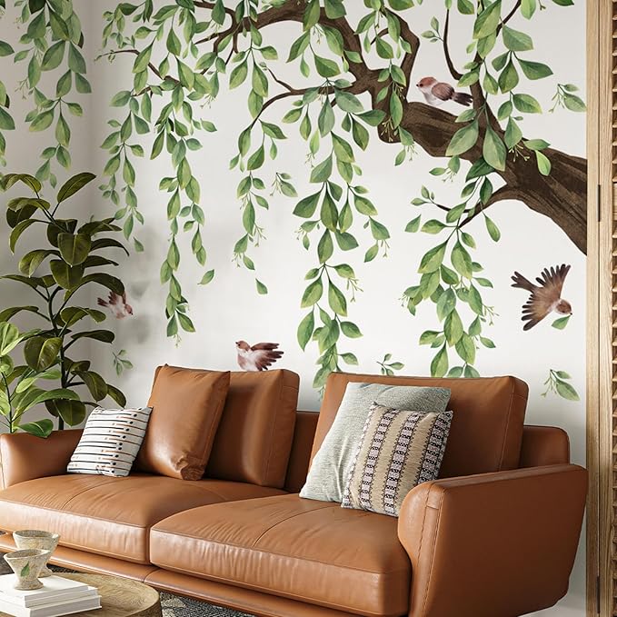 Lilac 3 Sheets Wall Decoration Large Green Tree Wall Stickers | Hanging Vine Tree Wall Decals Peel and Stick Leaves Branch Wall Murals Decor for Living Room Bedroom (Green, 11.8 * 35.4inch) - Image 3