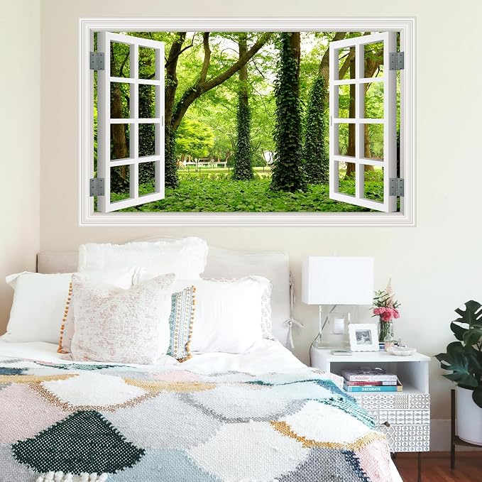 ‌Lmyhome Fake Window Wall Mural Green Grass Forest (48"x32") | Peel and Stick Faux Window Wall Sticker Decal Poster for Bedroom Home Decor - Image 2