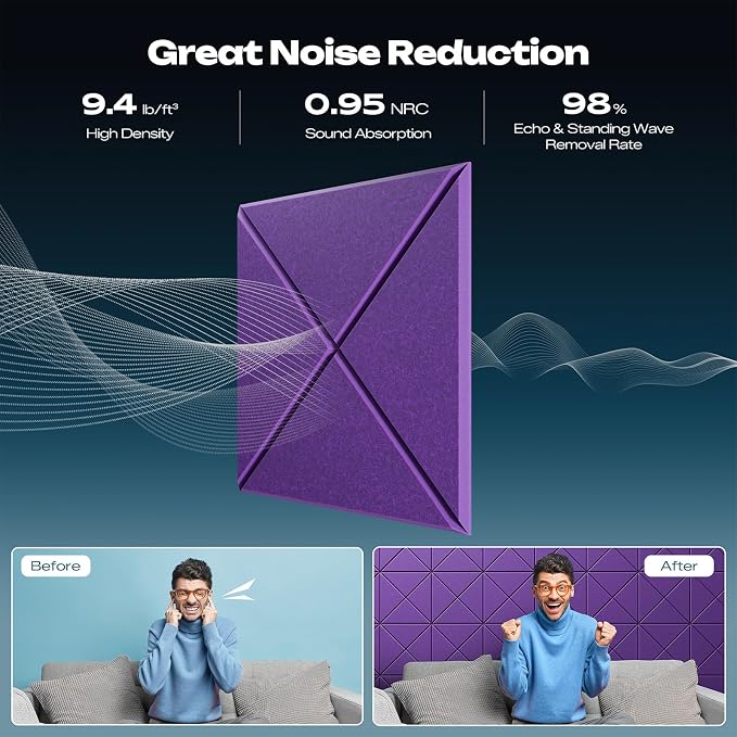 Sonicism 12 Pack X-Lined Acoustic Panels with Self-Adhesive, 12"X 12"X 0.4" Sound Proof Foam Panels, Decorative Soundproof Wall Panels, Sound Absorbing Tile for Home & Offices, Violet - Image 3