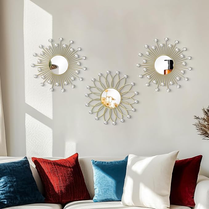3 Pack Metal Mirrors for Wall Sunburst Wall Mirrors Home Décor Decorative Hanging Wall Art for Living Room Bedroom Entryway (Gold2 Crystal, Flower+Sunburst) - Image 7