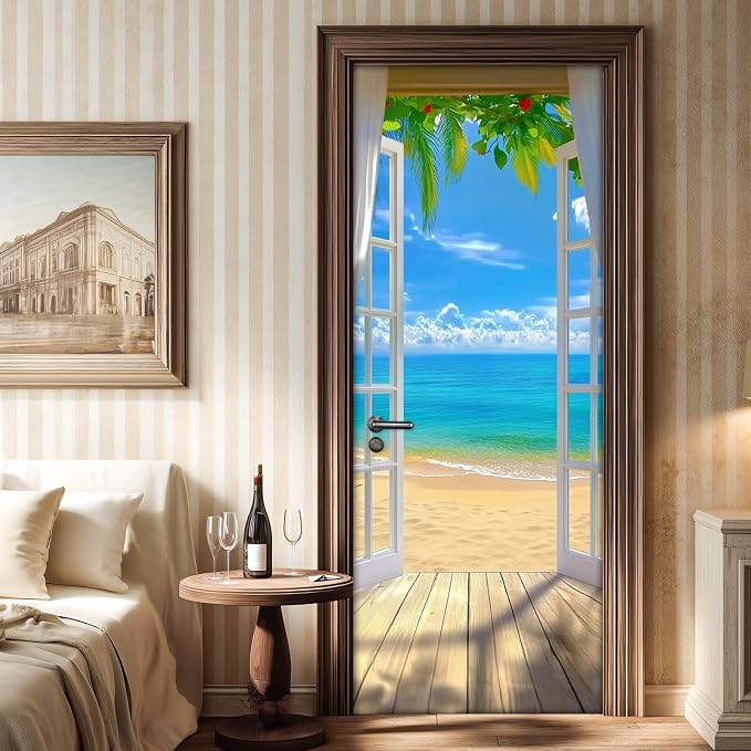 HOMETITUTE Beach Ocean Wave Pier Palm Peel Stick Door 30.3x78.7 Vinyl | Wall Cover Poster Decals Removable Wallpaper Self Adhesive Bedroom Livingroom Office - Beach Scene - Image 6