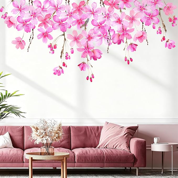 Cherry Blossom Flowers Wall Decals Peel and Stick, Large Floral Vinyl Wall Stickers, Removable Vine Home Decor Art for Bedroom Living Room Classroom Office by VePret
