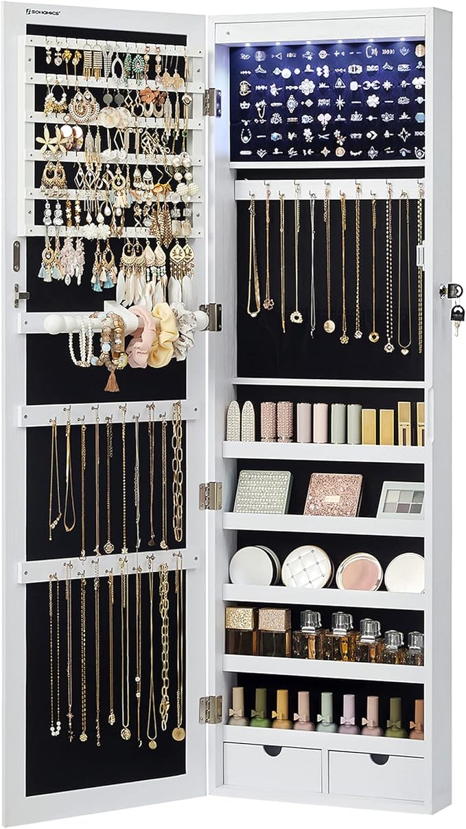 SONGMICS 6 LEDs Mirror Jewelry Cabinet, 47.2-Inch Tall Lockable Wall or Door Mounted Jewelry Armoire Organizer with Mirror, 2 Drawers, 3.9 x 14.6 x 47.2 Inches, White UJJC93W by Unknown