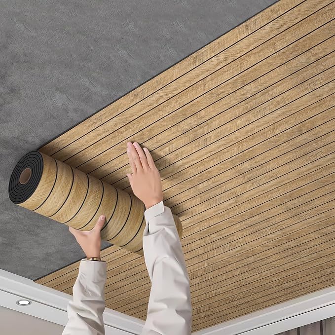 Chejiaye Peel and Stick 3D Wall Panel -15.75"x118"Soundproof Self-Adhesive Wall Sticker, Removable Thick PVC Slat Contact Paper for Kitchen Bedroom,Ceiling Wall Decoration Wood Grain (Dark Brown) - Image 3