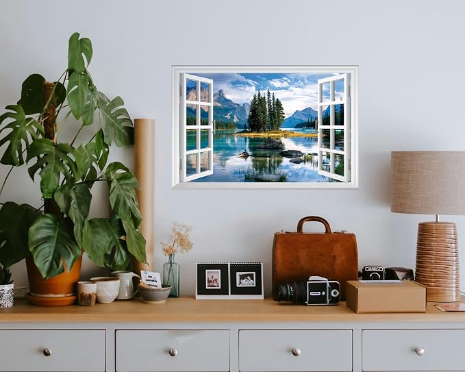 FLFK Fake Window Wall Decal - Trees in The Lake Faux Window Wall Mural for Wall Decor, Peel and Stick Wall Sticker,24"x16" - Image 5