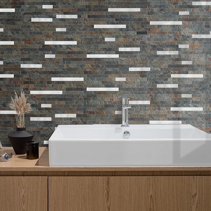 AULIGET 20 Sheets Rust Slate Peel and Stick Backsplash, PVC Mixed Metal Silver Wall Tile Stick on Backsplash for Kitchen and Bathroom - Image 4