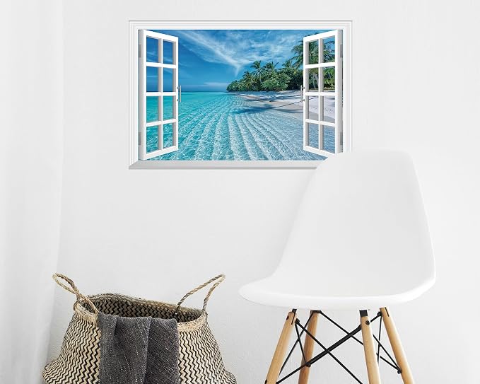 FLFK Fake Window Wall Decal - Summer Beach Faux Window Wall Mural for Wall Decor, Peel and Stick Wall Sticker,24"x16" - Image 6