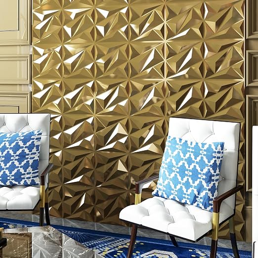 Art3dwallpanels 33 Pack 3D Wall Panel Diamond for Interior Wall Décor, PVC Textured Wall Panels, 12''x12'' Cover 32.Sq.Ft. Golden - Image 2