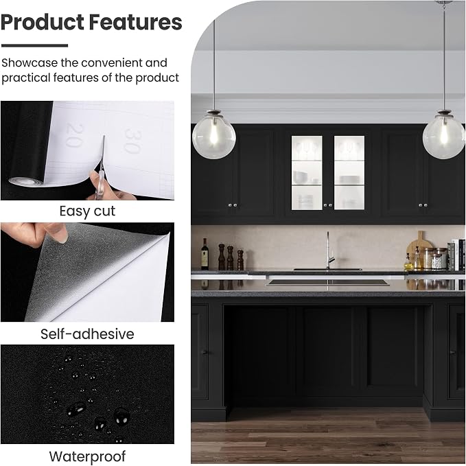 Peel and Stick Wallpaper Black Contact Paper for Cabinets and Drawers | 15.7" x 118" Removable Wall Paper Self Adhesive Vinyl Film Roll Easy to Apply Bathroom Home Decor Counter Top Covers - Image 6