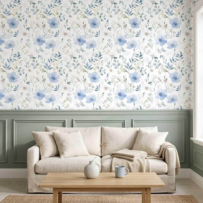 Light Blue Floral Peel and Stick Wallpaper, 17.7in x 70.8in | Self-adhesive and removable watercolor flower design for bedroom, living room, and accent wall - Image 3