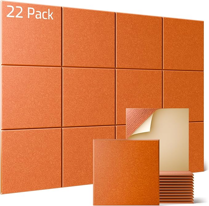 Sonicism 22 Pack Acoustic Wall Panels with Self-Adhesive, 12" X 12" X 0.4" Sound Proof Foam Panels, Decorative Soundproof Wall Panels, Sound Proof Absorbing Tiles for Home & Offices, Orange by Sonicism