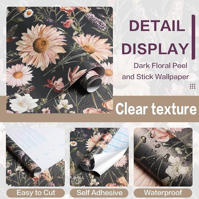 Livebor Dark Floral Peel and Stick Wallpaper for Bathroom 16.9” x 118.1” | Vintage Floral Contact Paper Waterproof Birds Boho Flower Self Adhesive Removable Wall Paper Decorative for Cabinets Vinyl - Image 6