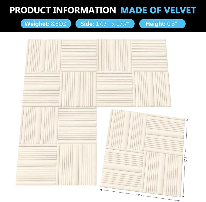 Velvet 3d wall panels for Interior wall Decor peel and stick, Soundproof Geometric Textured 3d Wall Panels for Living Room, Bedroom, TV Background Cream White 17.7" x 17.7", Cover 26.15 Sq.Ft - Image 3