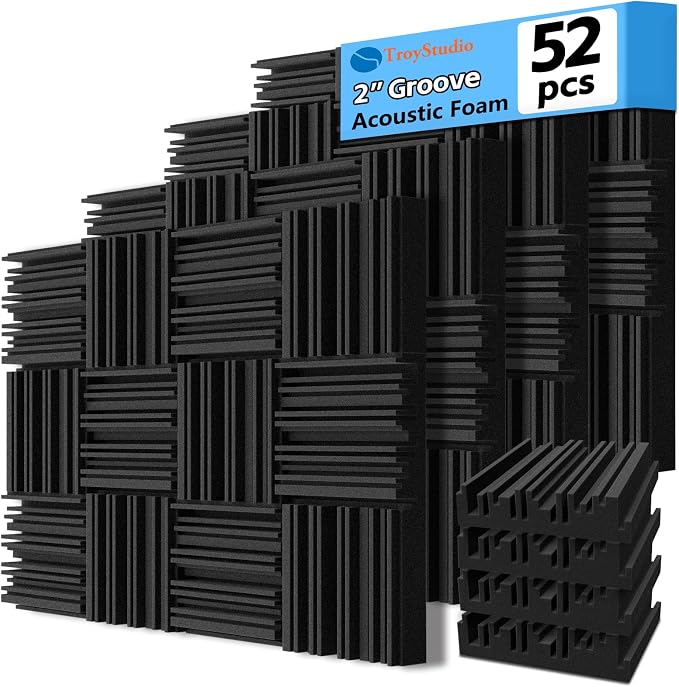 TroyStudio Thick Acoustic Foam Panels, 12 X 12 X 2 Inch 52 Pcs Broadband Sound Absorbing Foam, Dense Soundproof Padding Tile, Recording Studio Foam Absorber, Groove Decorative 3D Wall Ceiling Panel by TroyStudio