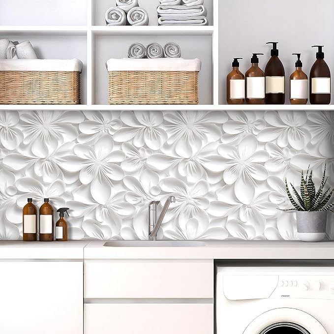 Stickyart 3D White Floral Wallpaper for Walls 17.5"x551" Embossed Gypsum Floral White Peel and Stick Wallpaper Self Adhesive Faux 3D Flower Ceiling Contact Paper Removable for Bathroom Accent Wall - Image 4